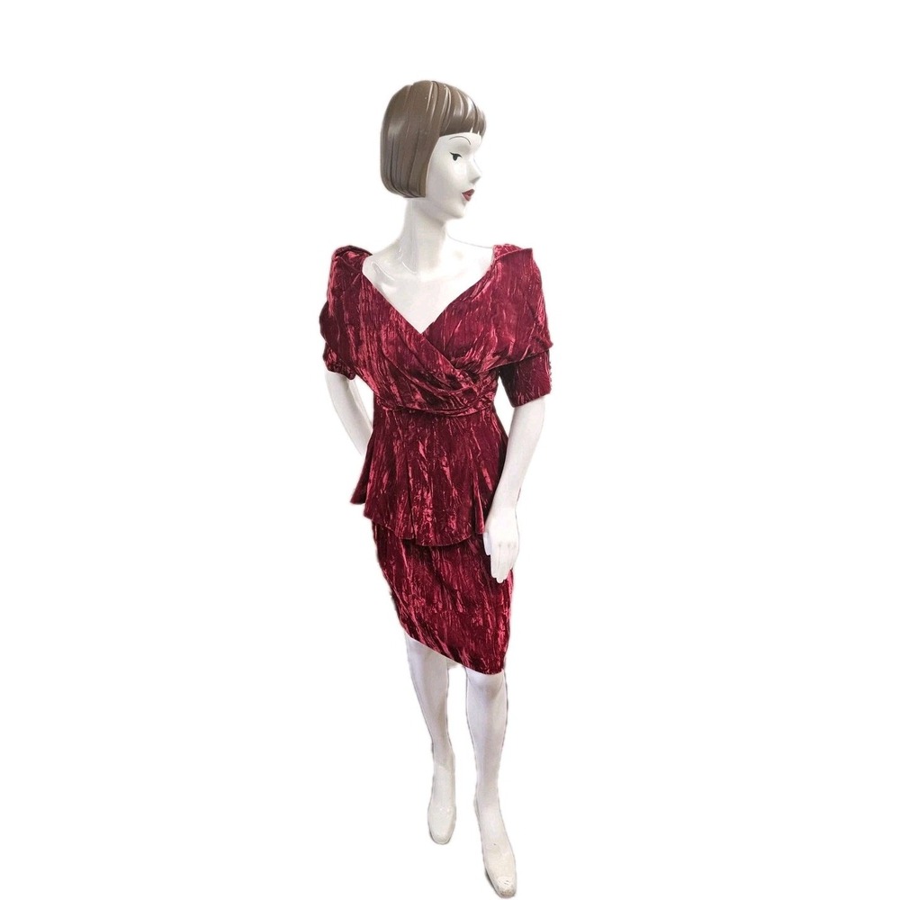 VTG 80s Red Crushed Velvet Handmade Peplum Skirt Set Bling Buttons Beautiful
